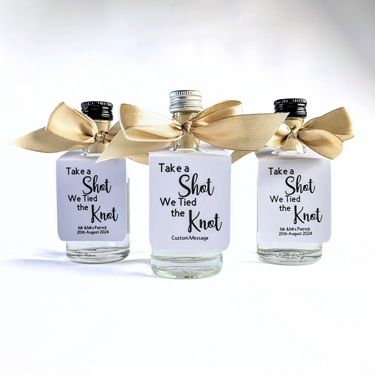 🍾 Take a Shot We Tied the Knot – Mini Bottle Tags (Set of 10)
